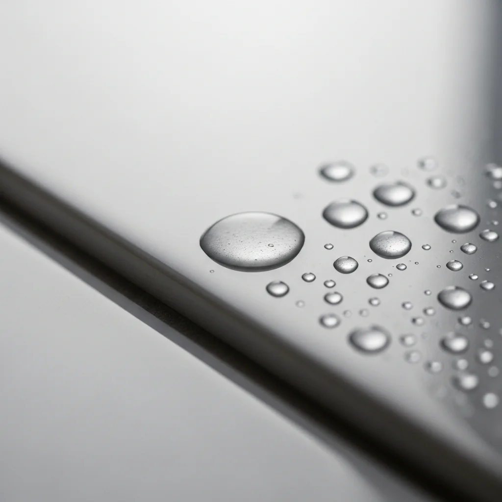 A close-up macro of crystal-clear water droplets perfectly beading on the glossy surface of a single pale grey porcelain bathroom tile, illustrating the waterproof finish performance that the right substrate makes possible