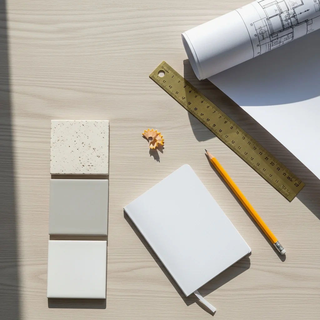 A flat-lay of an architect's desk in pale ash wood — rolled architectural drawings, a brass ruler, a yellow pencil, a small project notebook and three sample tile pieces in matte stone, polished grey porcelain and white ceramic — representing the substrate-specification decision