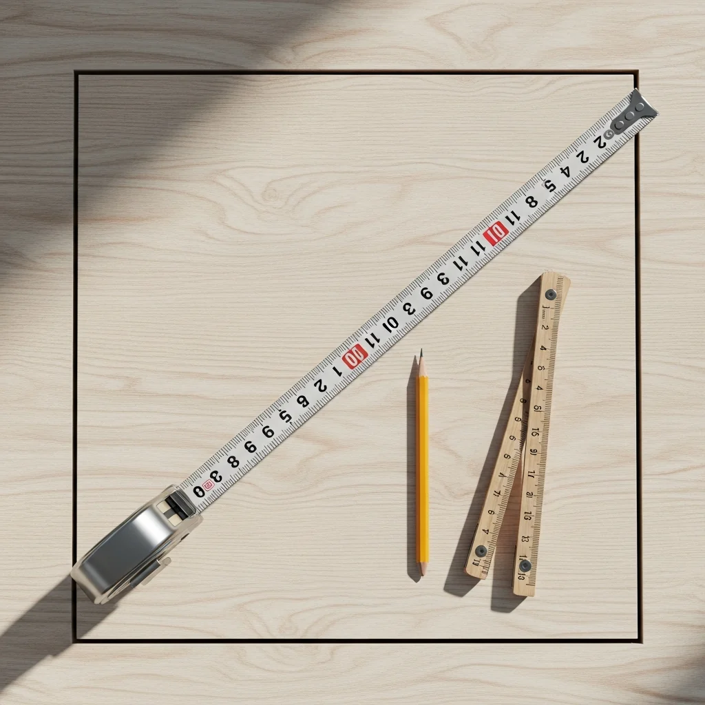 Measuring tape, folding wooden carpenter's rule and pencil on a pale wood surface, representing precision tile backer board thickness specification