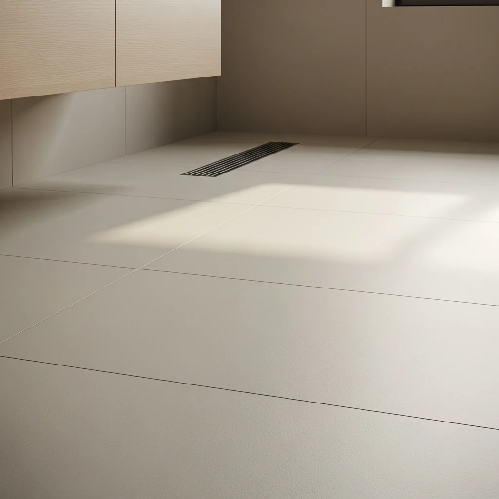 A finished modern bathroom floor in large-format pale grey matte porcelain tiles with a slim recessed floor grille, soft warm directional light catching the surface and suggesting gentle radiant warmth from underneath — a floor application that benefits from a thicker thermal-grade board