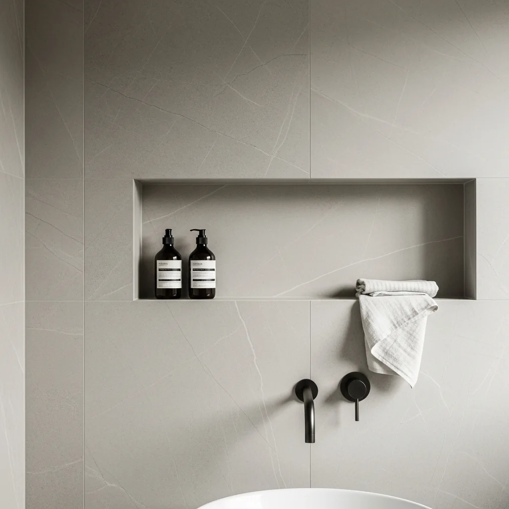 A finished modern bathroom wall in large-format pale grey marble-look porcelain with a recessed wall niche holding minimalist amenity bottles and a folded white linen wash cloth, illustrating a wall application that suits a thinner board specification
