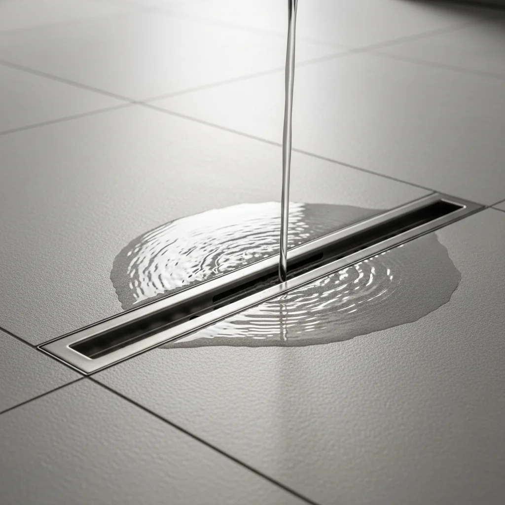 A close-up of a slim brushed stainless-steel linear floor drain set flush in pale grey large-format porcelain tile floor, with a thin sheet of water flowing across the surface into the channel — the visible result of a properly sloped, waterproof shower base