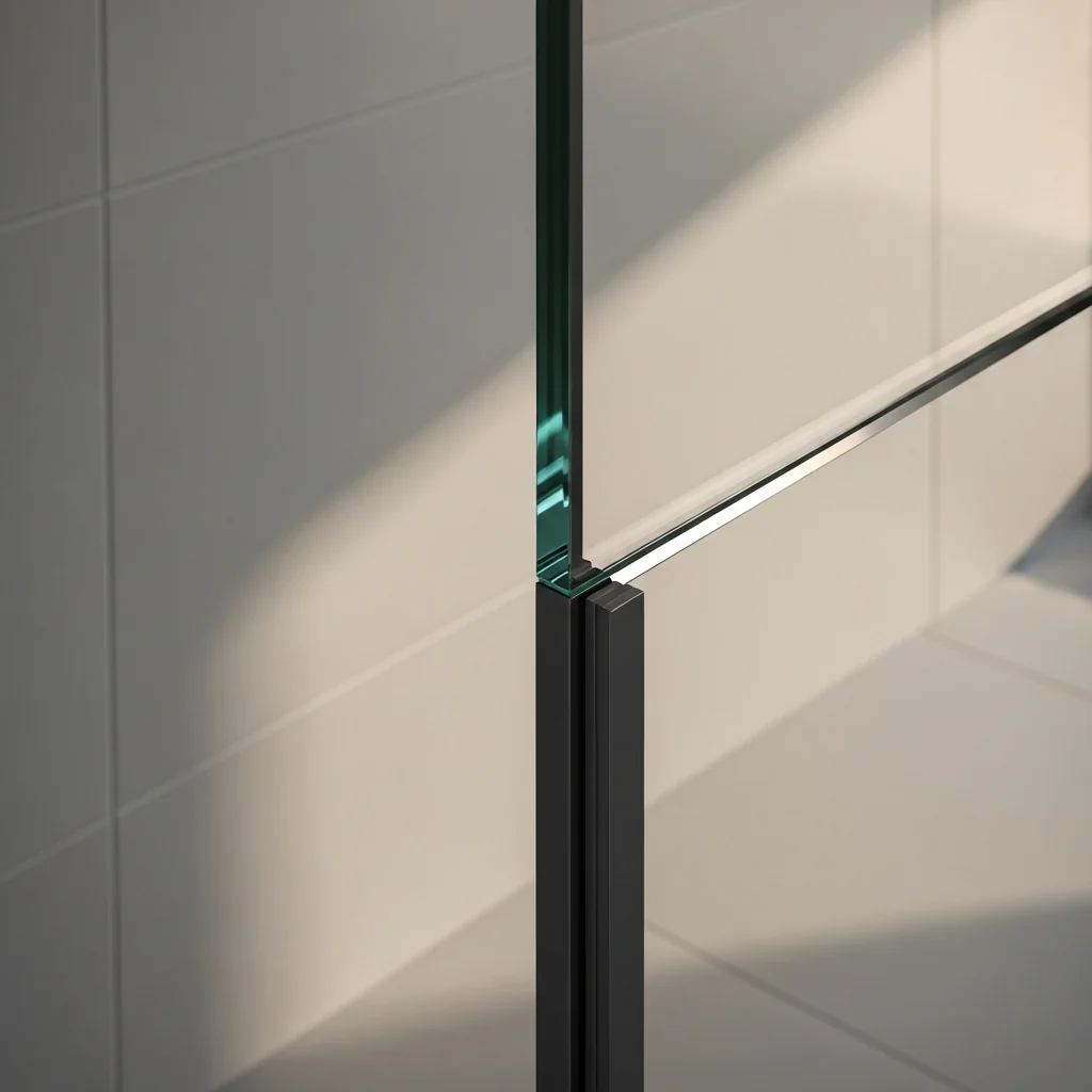 An architectural close-up of a frameless clear glass shower screen meeting a tiled bathroom wall via a slim minimalist matte-black wall channel, with large-format pale grey porcelain tiles in the background — the precision interface of a well-built walk-in shower