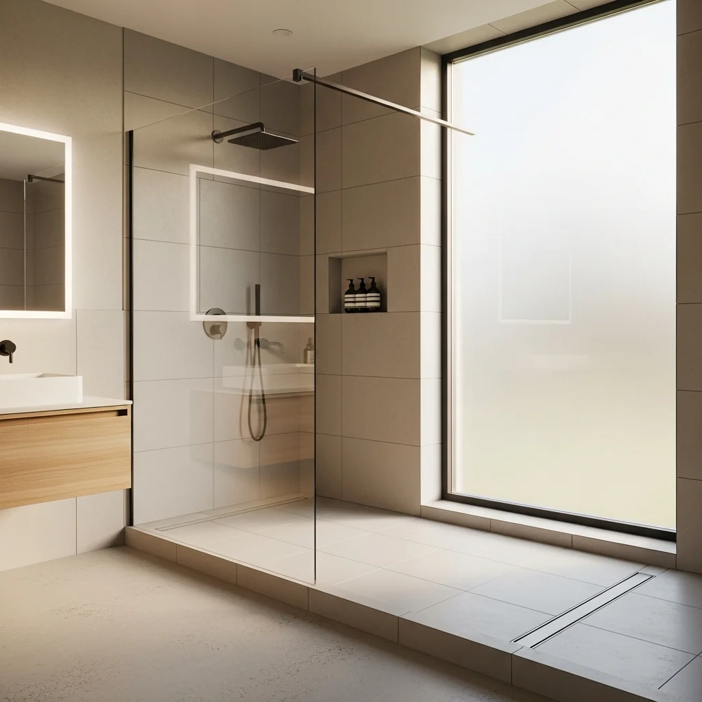 A finished modern curbless walk-in shower with frameless glass screen, large-format porcelain tiles and a linear floor drain