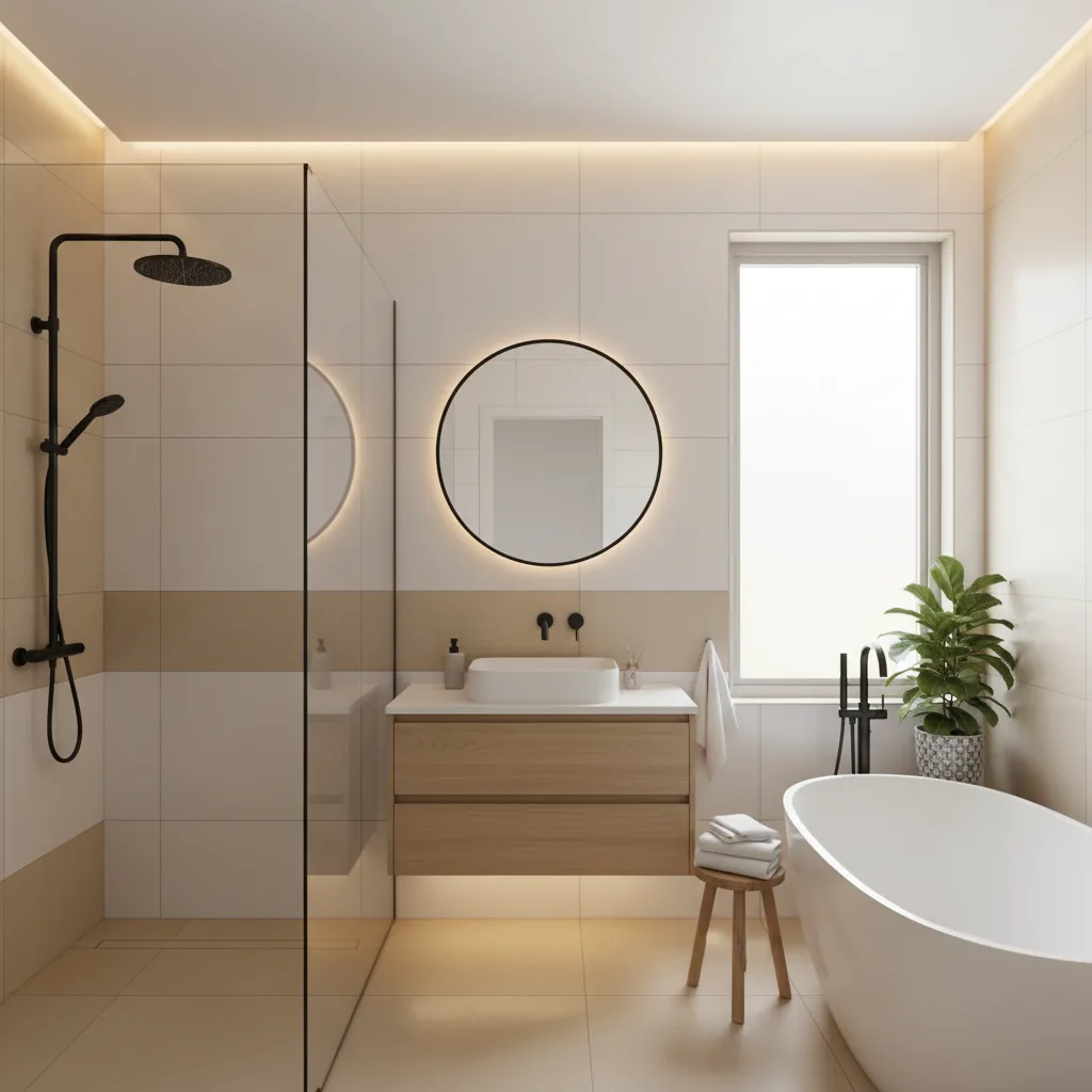 A finished, freshly renovated modern bathroom with clean lines, soft natural light, and a warm, inviting atmosphere