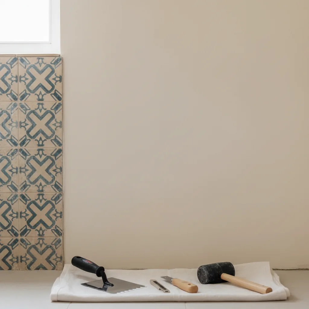 A clean, nearly dust-free bathroom renovation in progress with a renovator fitting tile backer boards directly over older surfaces, a tidy workspace and tools laid out neatly