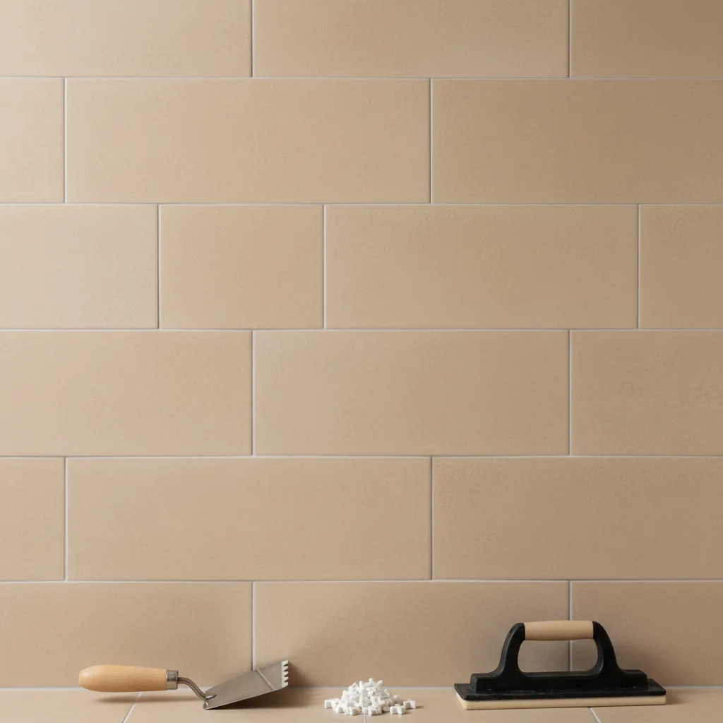 A clean, completed XPS board wall installation in a modern bathroom, with tiles being laid over it, natural light, clean tools, and a professional atmosphere