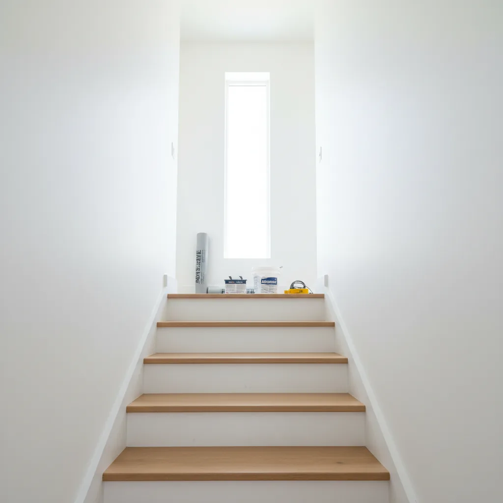 A single worker on a jobsite easily carrying a large, lightweight tile backer board up a staircase with one hand, bright, clean environment
