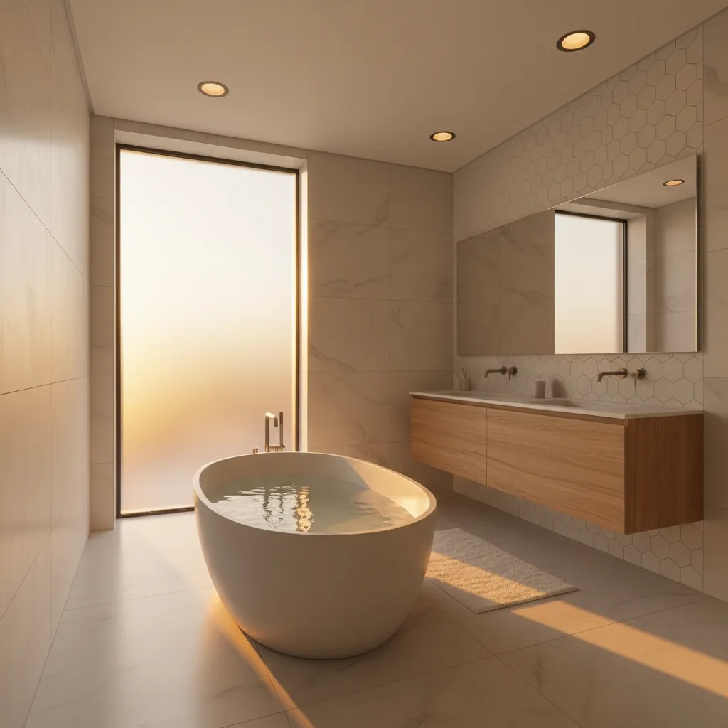 Modern bathroom with cool, comfortable tiled surfaces in a hot-climate home
