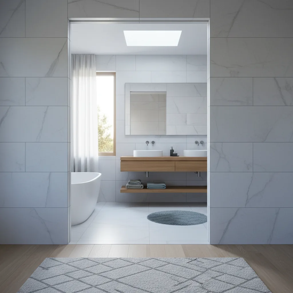 A premium modern living space with beautiful natural light and minimal, elegant tile work, conveying a sense of cool comfort and energy efficiency
