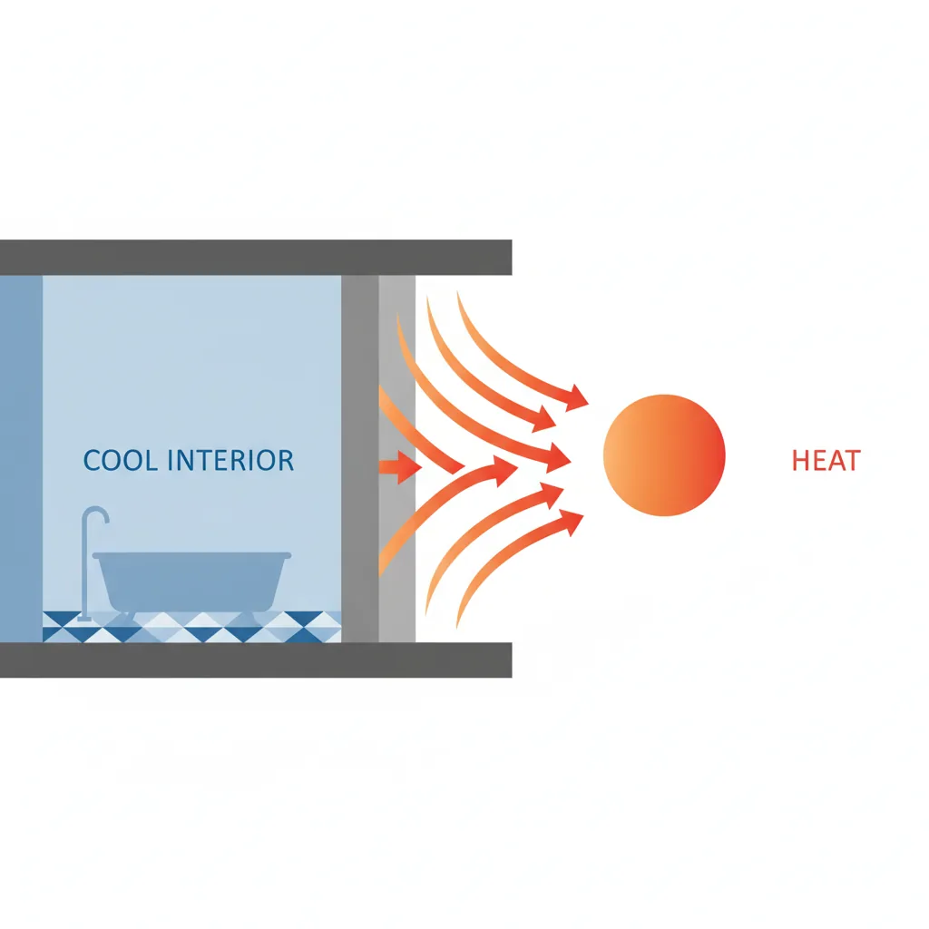 A minimal architectural diagram showing warm exterior heat arrows being blocked by the insulated building envelope, with a cool interior bathroom space beyond